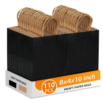 One Hundred Ten Black Kraft Paper Gift Bags with Handles, 8 x 4 x 10 Inch Bulk Retail Pack
