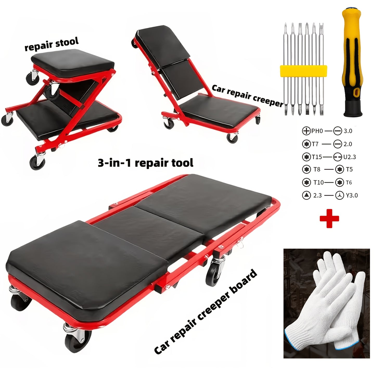 Mechanic Creeper 36-Inch Z-Crawl Folding – Adjustable Load Board, 6-Wheel 2.5" Rolling Garage Repair Seat, Universal Fit with Optional Tool Kit Bundles
