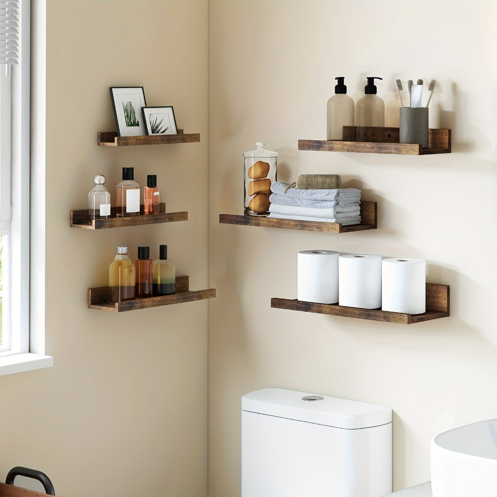 Six-Piece Wall Shelf Set in Graduated Sizes with White, Brown or Black Finish for Layered Displays