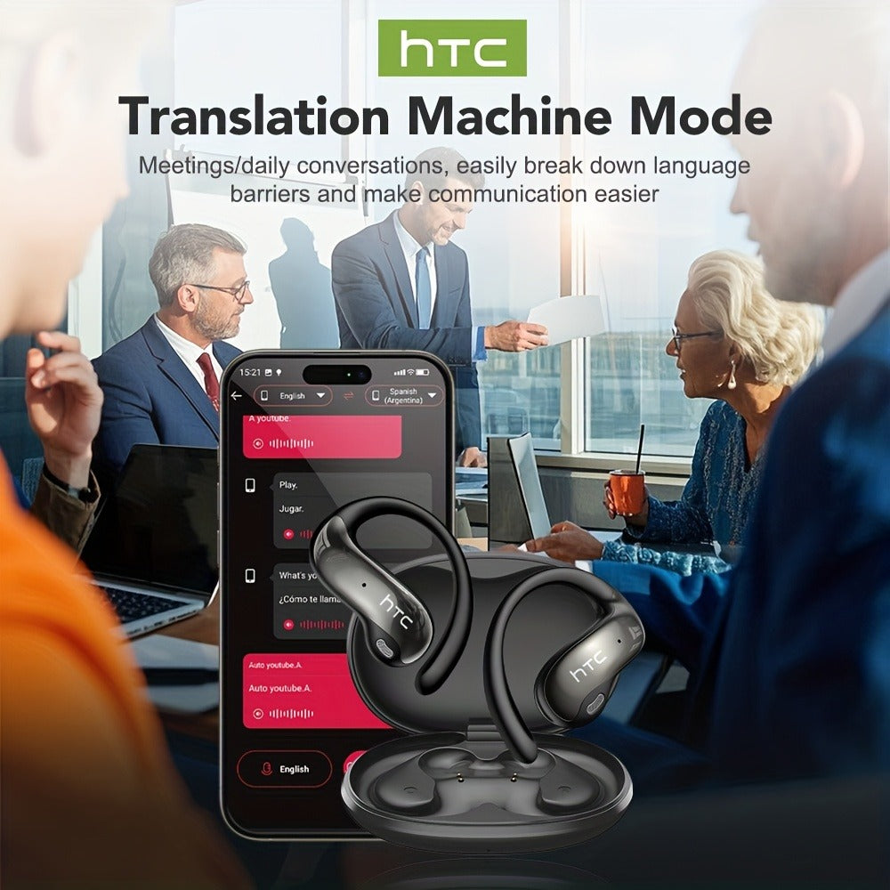HTC NE19 Open-Ear AI Translation Earbuds with Oval Charging Case in Black, Gunmetal, Beige or Purple