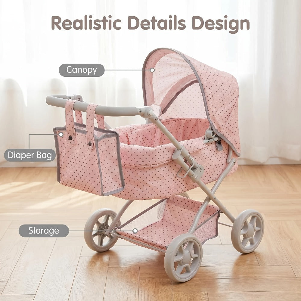 3-in-1 Baby Doll Stroller Set Pink Foldable Pram with Bassinet & Carry Bag for 14-24 Inch Dolls Swivel Wheels Adjustable Handle Nursery Role Play Gift for Girls Ages 3-12 (No Doll)