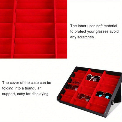 Eighteen-Grid Foldable Eyeglass Display Organizer in Black or White, Measuring 47.2 x 32 x 8 cm
