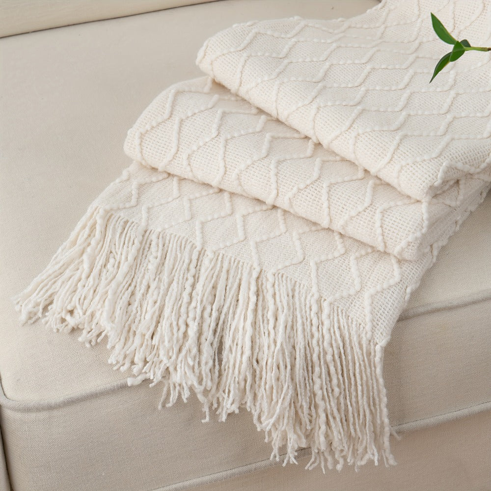 50 x 60-Inch Throw Blanket with Raised Geometric Texture, Tassel Fringe and Six Solid Color Options