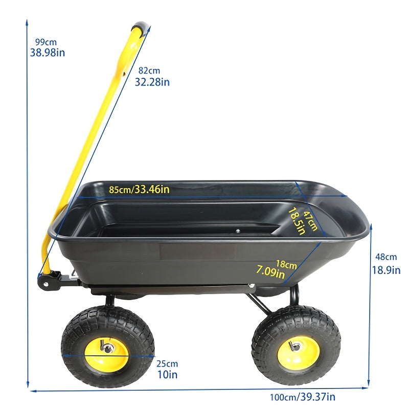 Garden Dump Cart 4-Wheel Heavy Duty Steel Frame Rust-Resistant Poly Bed Quick-Release Dump Feature Foldable D-Handle All-Terrain Yard Wagon for Landscaping Lawn