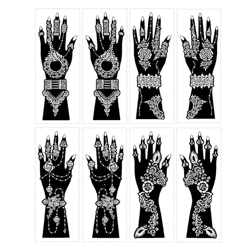 Eight-Piece Hand Tattoo Stencil Set with Long Henna-Style Floral Patterns in SM012 or SM013