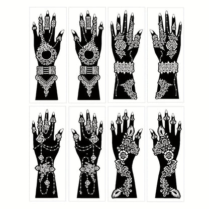 Eight-Piece Hand Tattoo Stencil Set with Long Henna-Style Floral Patterns in SM012 or SM013