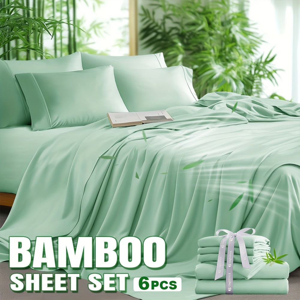 Bamboo Blend Bed Sheet Set 6pcs – Flat Sheet, Fitted Sheet & 4 Pillowcases, Ultra Soft Lyocell Viscose Breathable Bedding for Hot Sleepers, Deep Pocket Twin Full Queen King, 11 Colors