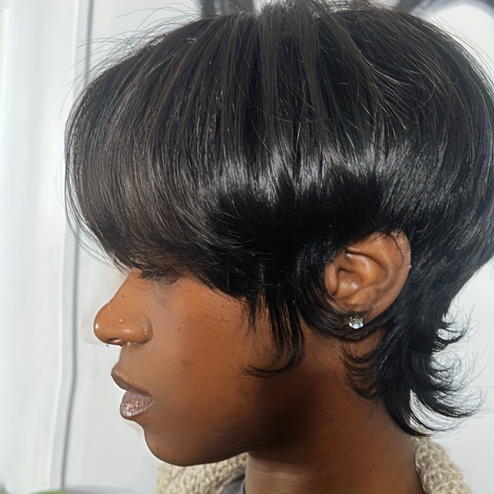 Wig Short Curly Wavy Pixie Bob in Natural Black, 6-Inch Human Hair with Bangs and Rose Net Cap