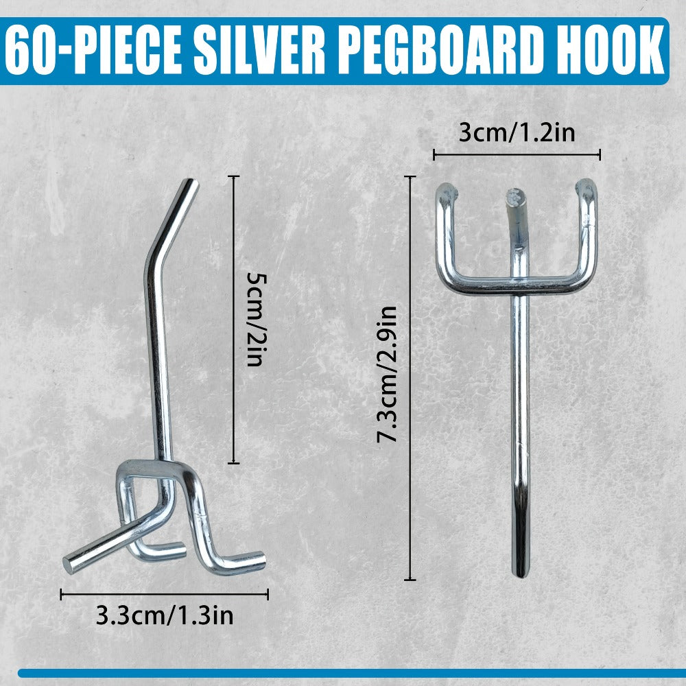 Stainless Steel Pegboard Hooks, 60-Piece Set with 2-Inch Single-Hole Design for 1-Inch-Spaced Tool Boards