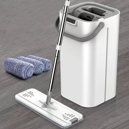 Flat Mop and Bucket Set with 6 Replacement Cloths, 49-Inch Handle and Separate Wash-Dry Chambers