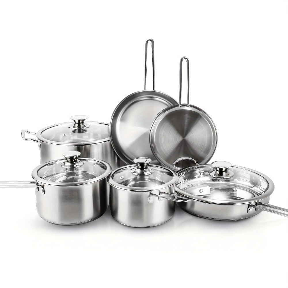 Stainless Steel Cookware Set with 10 Pieces, Three Frying Pans, Three Saucepans and Four Glass Lids