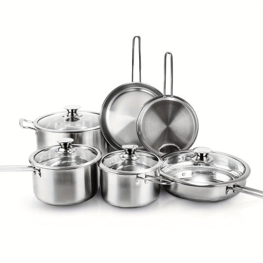 Stainless Steel Cookware Set 10 Piece – Pots and Pans Set with Lids, Induction Compatible, Dishwasher Safe Kitchen Cooking Set for All Stovetops