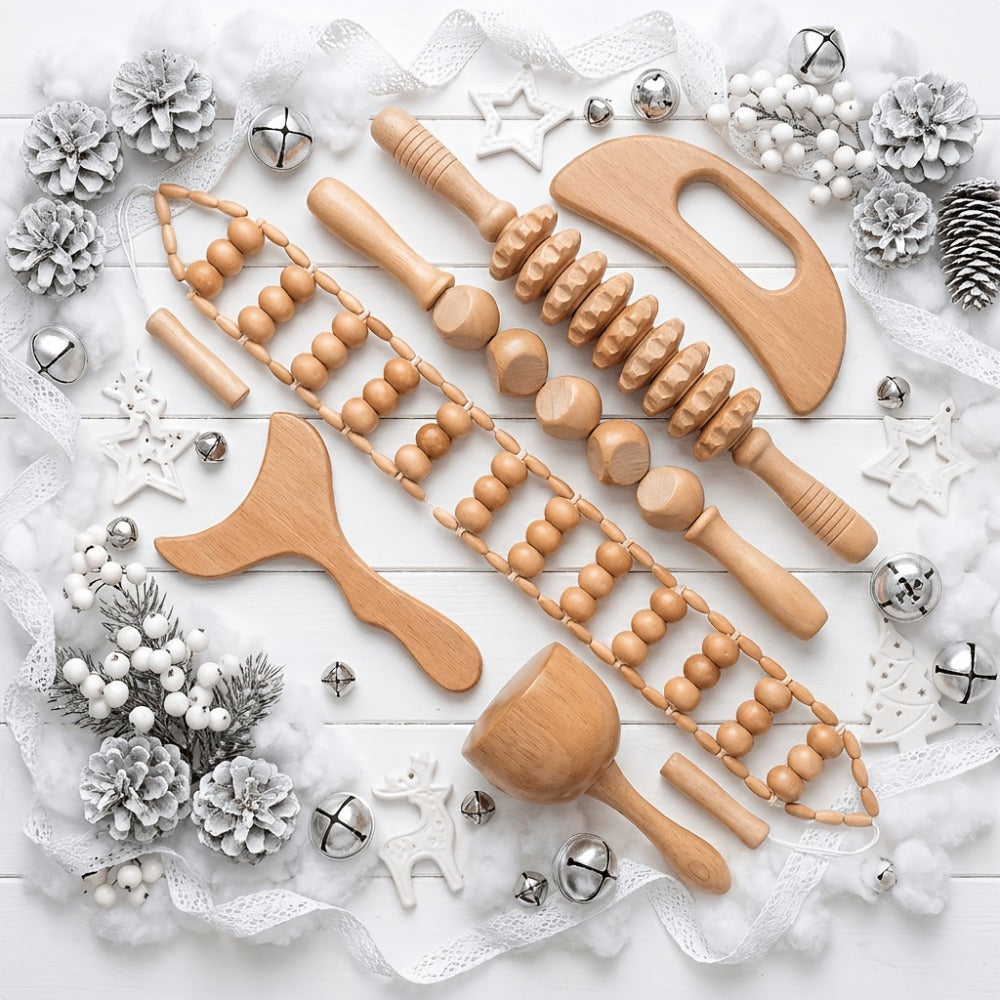 Wooden Manual Massage Tool Set, Six-Piece Roller and Scraping Kit with Textured Heads for Face, Neck and Body
