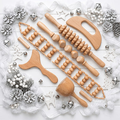 Wooden Manual Massage Tool Set, Six-Piece Roller and Scraping Kit with Textured Heads for Face, Neck and Body