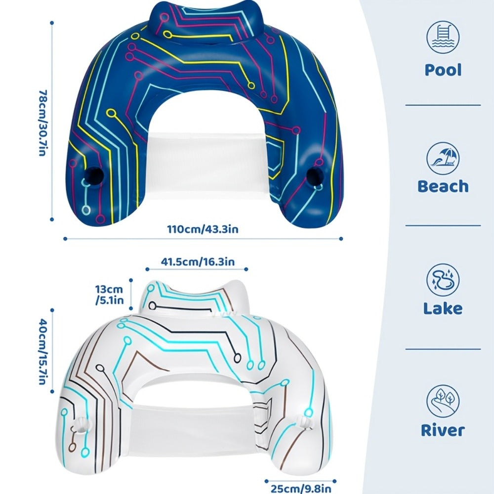 Pool Float U-Shaped Chair Two-Pack with Mesh Center, Headrest, Built-In Cup Holder and Graphic Trim