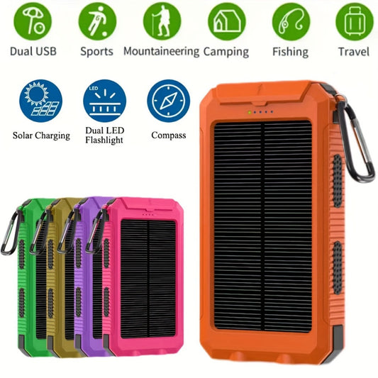 Solar Power Bank, 10000mAh USB Charger with Solar Panel, LED Flashlight, Compass, Data Cable and Backpack Hook