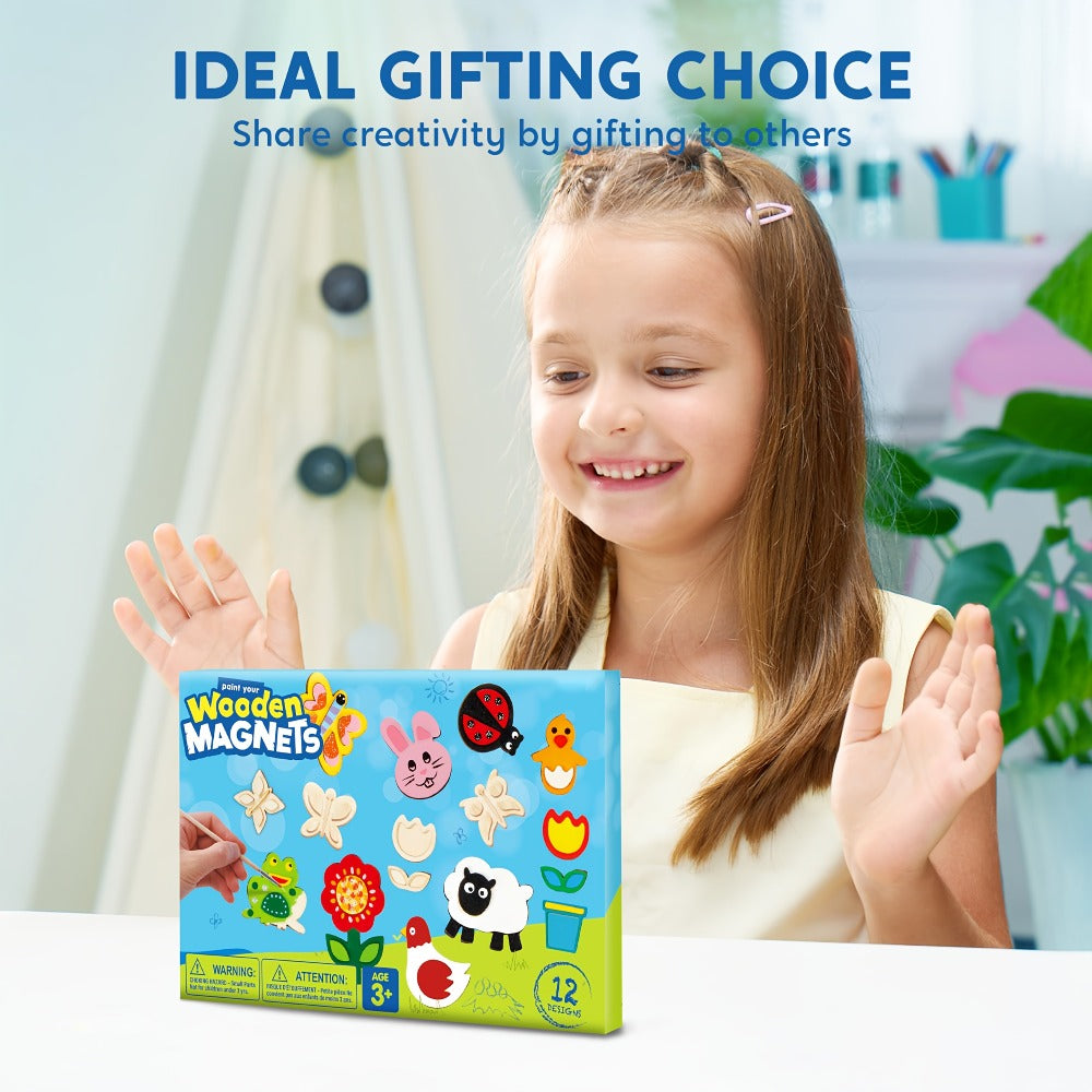 Wooden Magnet Painting Craft Kit, 12-Piece Nature Shape Set with Six Paint Tubs, Brushes and Glitter Pen