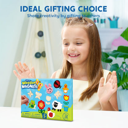 Wooden Magnet Painting Craft Kit, 12-Piece Nature Shape Set with Six Paint Tubs, Brushes and Glitter Pen