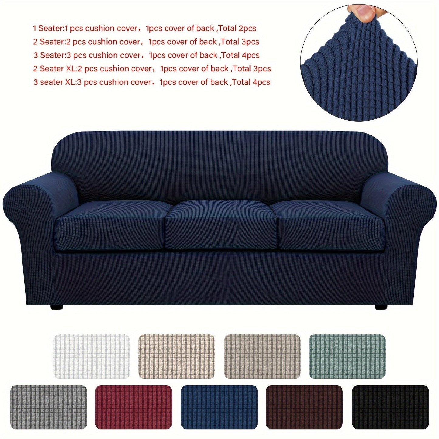 Sofa Cover Grid Jacquard Elastic Full-Cover Slipcover with Anti-Slip Fit for 1 to 3 Seats and XL Sofas