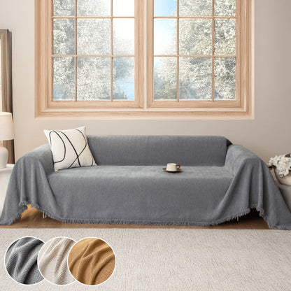 Sofa Cover Throw, Chenille Woven Fringe Slipcover in Three Colors for Three- and Four-Seat Couches