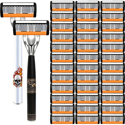 Beard Razor for Men 6-Layer Stainless Steel Blades Premium Metal Handle 36 Replaceable Blades – Mustache Grooming Shaver Ultra-Close Traditional Shaving Kit for Daily Use Gift for Him