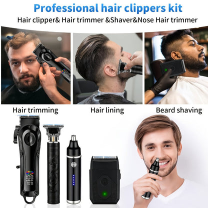 Men's Grooming Set USB Rechargeable Hair Clipper Electric Shaver Nose Ear Hair Trimmer with LCD Battery Display 2-Piece and 4-Piece Options Gift for Husband Boyfriend