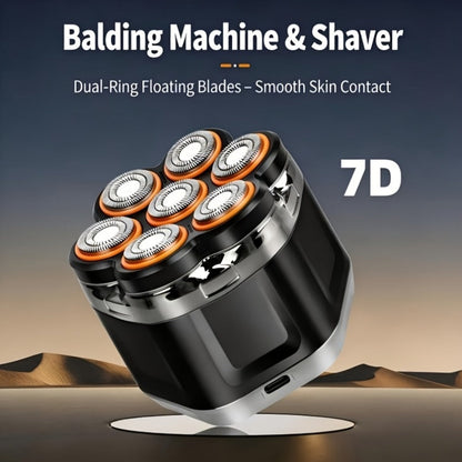 Black 7-Head Rotary Electric Head Shaver with Magnetic Blade Assembly, Digital Display and USB-C Cable