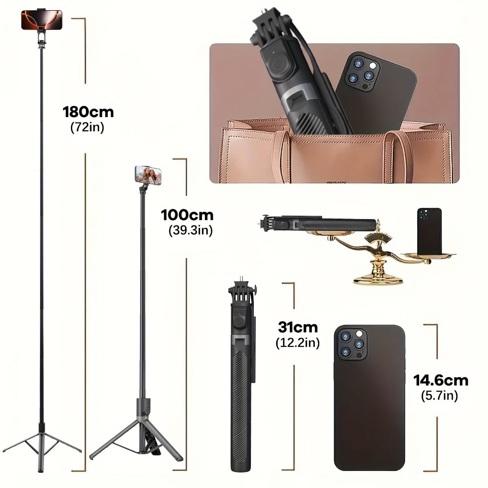 72 Inch Aluminum Tripod Selfie Stick with Wireless Remote & Detachable Phone Holder – Retractable 6-Foot Portable Cell Phone Stand for iPhone Android Camera, Vlogging TikTok Live Streaming Photography