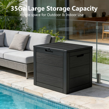 35-Gallon Compact Wood-Look Deck Box with Hinged Lid, Side Grips and Three Enhanced Color Options