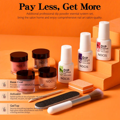 Dip Powder Nail Kit with NOCIS Label, Four Brown Nude Burgundy Glitter Powders, Three 10ml Liquids and Tools