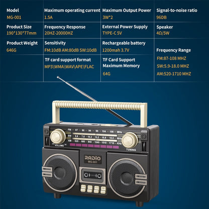 Portable AM/FM/SW Radio with 1200mAh Battery, Bluetooth, USB/TF/AUX Playback and LED Flashlight