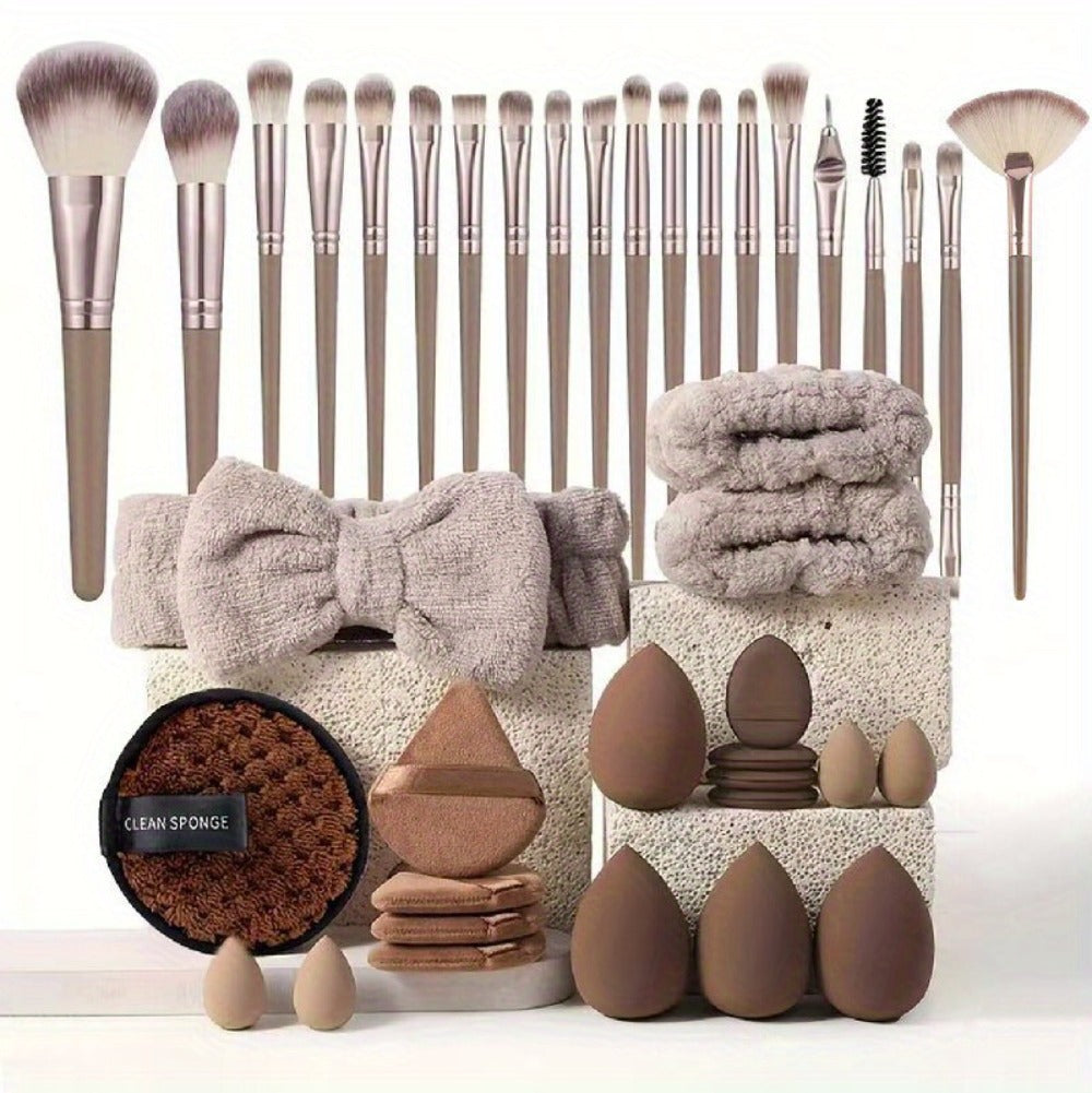 Makeup Brush Set, 56-Piece Polyester Bristle Collection with Wood Handles in Beige, Pink or Brown Color Options