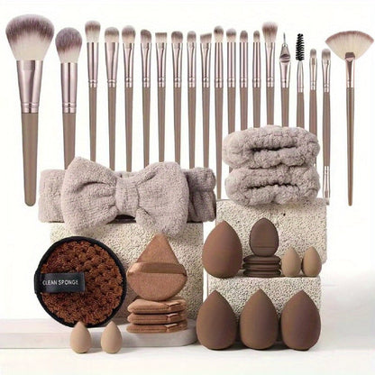 Makeup Brush Set, 56-Piece Polyester Bristle Collection with Wood Handles in Beige, Pink or Brown Color Options