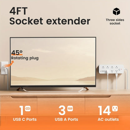 Surge Protector Power Strip 18-in-1 with 14 AC Outlets, 3 USB-A, 1 USB-C, 4 ft Flat Cord and Wall-Mount Holes
