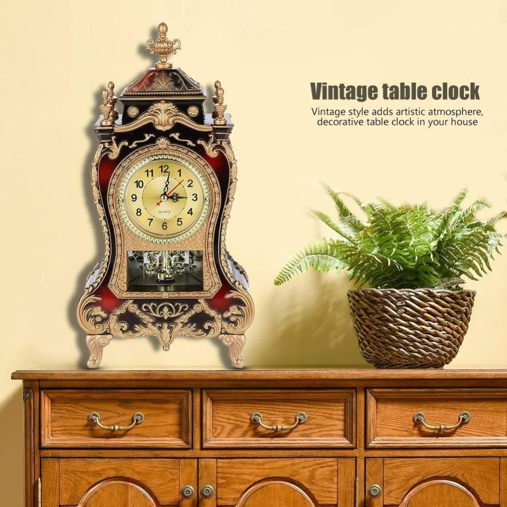 Ornate Brown-Red Tabletop Alarm Clock with Analog Dial, Decorative Pendulum Window and 14-Inch Height