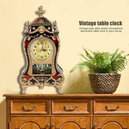 Ornate Brown-Red Tabletop Alarm Clock with Analog Dial, Decorative Pendulum Window and 14-Inch Height