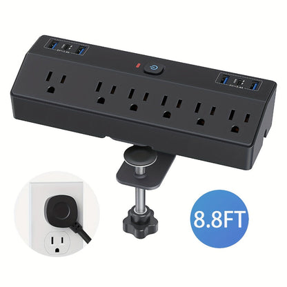 Desk Clamp Power Strip 12-in-1 Surge Protector with 6 Outlets 4 USB-A 2 USB-C PD 20W 40W Fast Charging Desktop Mount Flat Plug for Home Office Tabletop