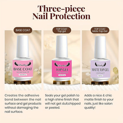 Gel Nail Base & Top Coat Kit 3pcs No-Wipe Glossy & Matte Top Coat + Base Gel — Long-Lasting Soak-Off LED Salon Nail Art Complete System 0.51oz Each for Home & Salon