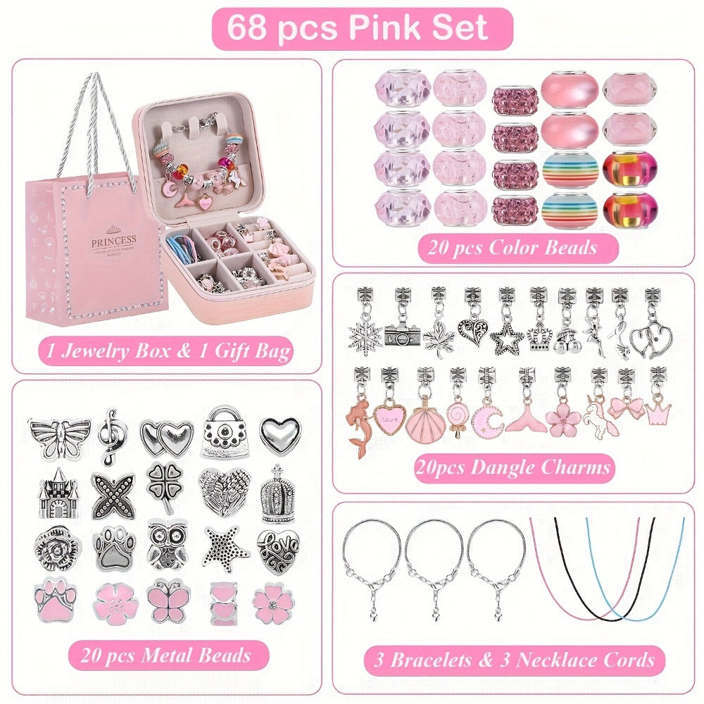 Bracelet Making Craft Kit with Portable Jewelry Box, Beads and Charms in Seven Color or Theme Options