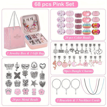 Bracelet Making Craft Kit with Portable Jewelry Box, Beads and Charms in Seven Color or Theme Options