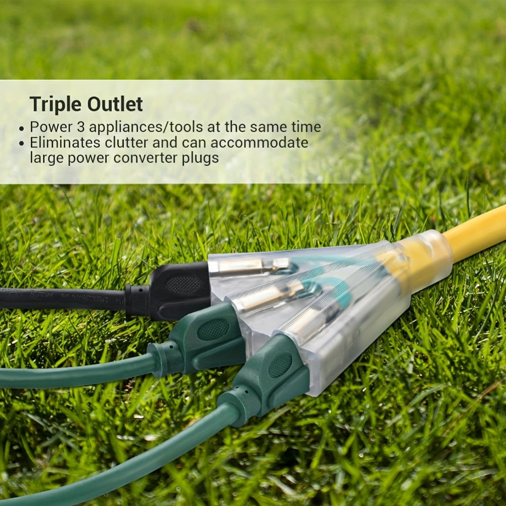 Yellow 25-Foot 14/3 Extension Cord with Three-Outlet Lighted Tri-Tap, 15A 125V and 1875W Label