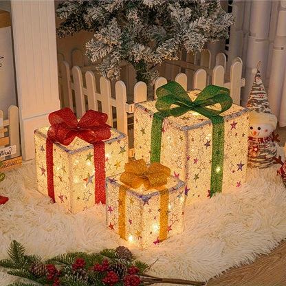 Three-Piece Lighted Gift Box Decoration Set with LED String Lights, Bow Handles and Four Holiday Style Options