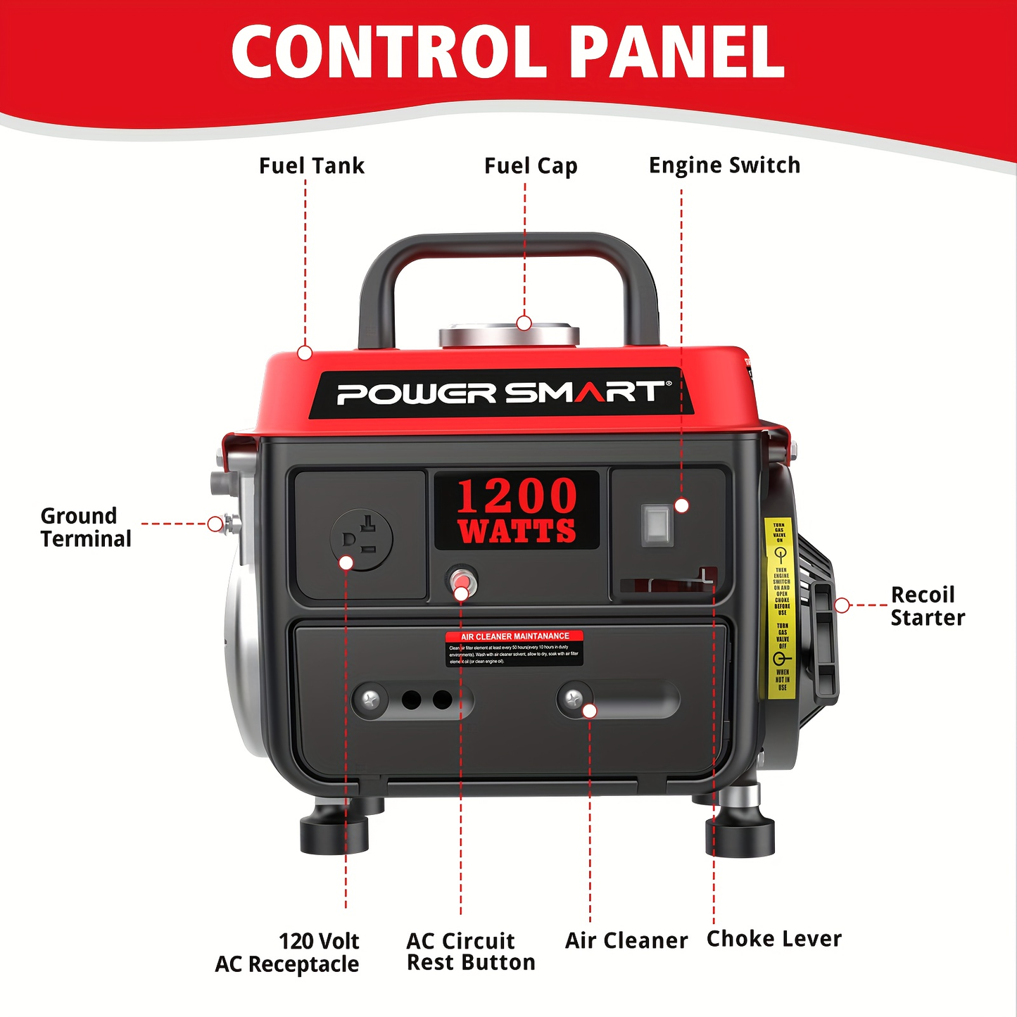 Portable Generator 1200W 2-Stroke Low Noise - Compact Lightweight Gas Powered Generator for Camping, Job Sites, Outdoor Work, Home Emergency Backup, Easy Recoil Start
