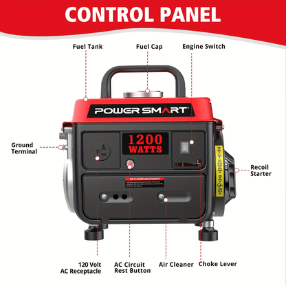 Portable Generator 1200W 2-Stroke Low Noise - Compact Lightweight Gas Powered Generator for Camping, Job Sites, Outdoor Work, Home Emergency Backup, Easy Recoil Start