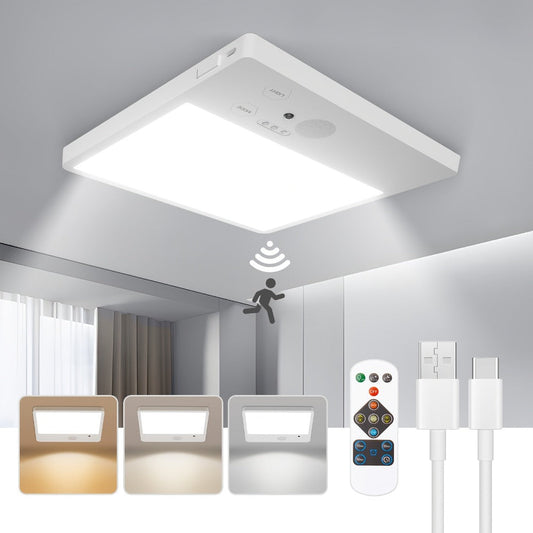 Wireless LED Ceiling Light Motion Sensor Rechargeable Battery Powered 3 Color Temperatures Remote Control No Wiring Closet Light for Bathroom Staircase Garage Hallway Kitchen Pantry White 1 or 2pcs