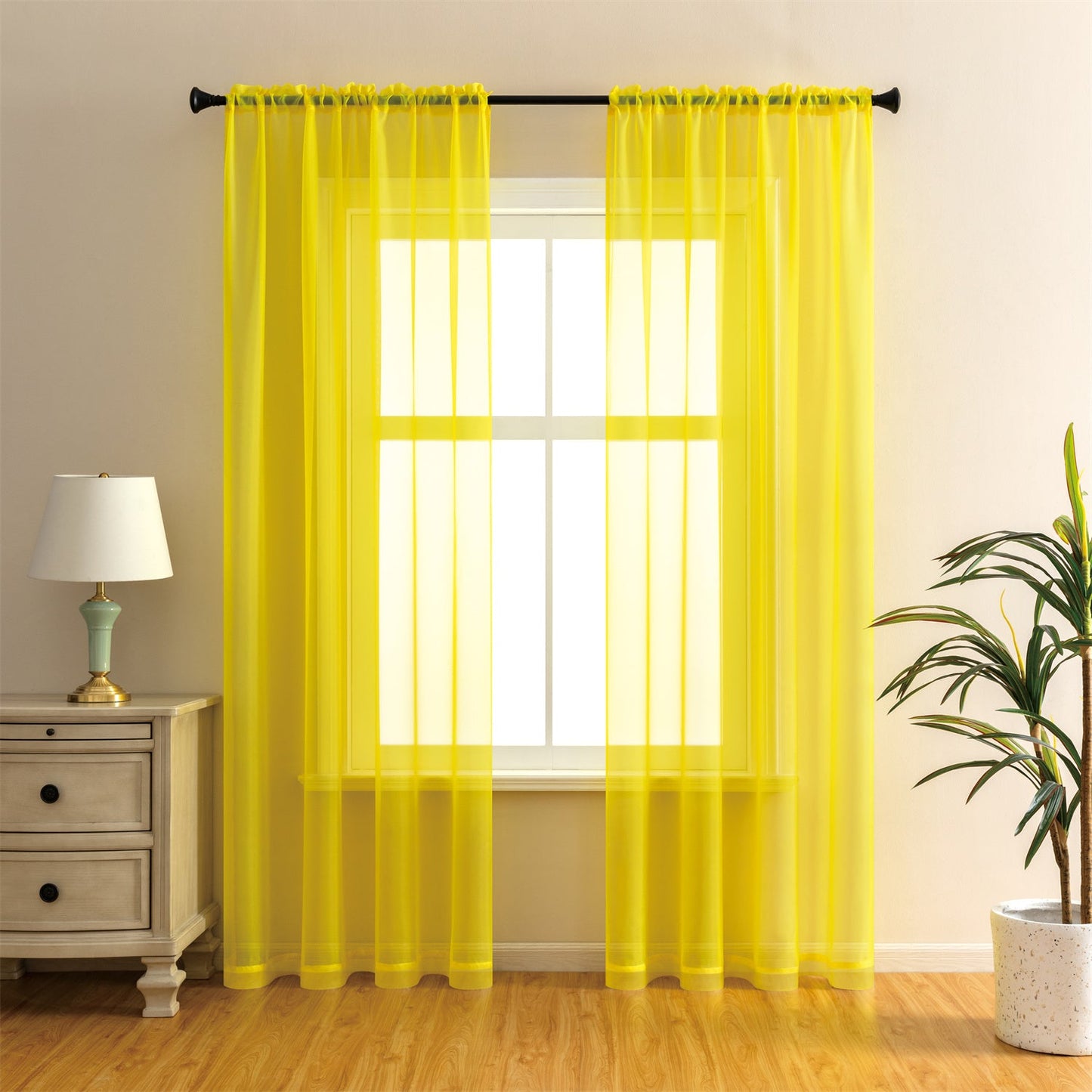 Two-Panel Solid Sheer Curtains with Rod-Pocket Header, Seven Colors and Four Size Configurations