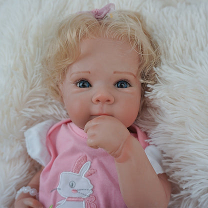 Reborn Baby Doll 16-Inch Cloth Body with Rooted Blonde Hair, Open Eyes, Pink Romper and Pacifier Set