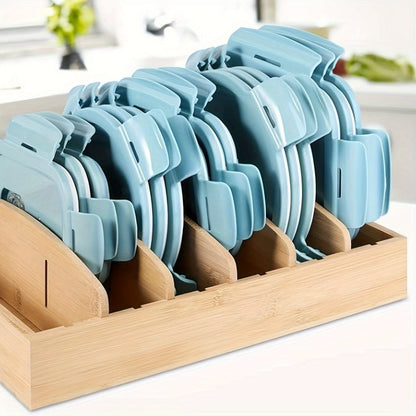 Bamboo Lid Organizer for Kitchen Cabinet with 5 Adjustable Dividers - Tupperware Lid Holder for Food Container Lids