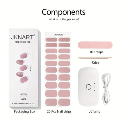 Semi-Cured Nail Sticker Kit with 20 Designs, Portable UV Lamp and Full-Coverage Nail Patches