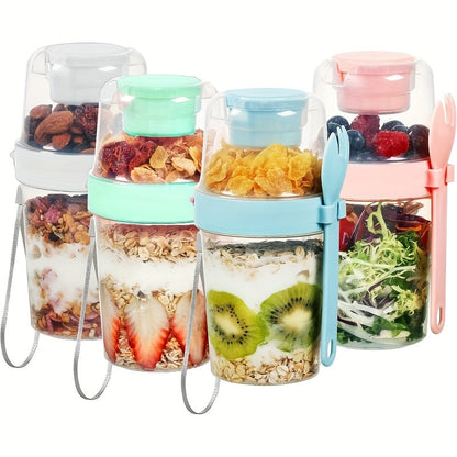 Four-Pack 27 oz Yogurt Parfait Cups with Spoons, Leak-Resistant Lids and Separate Topping Compartments